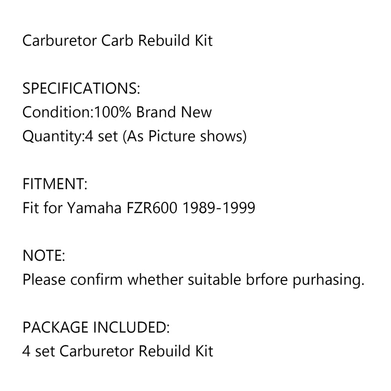 Kit de reparación de carburador 4 juegos para Yamaha FZR 600 FZR-600 Carb 1989-1999 Genérico