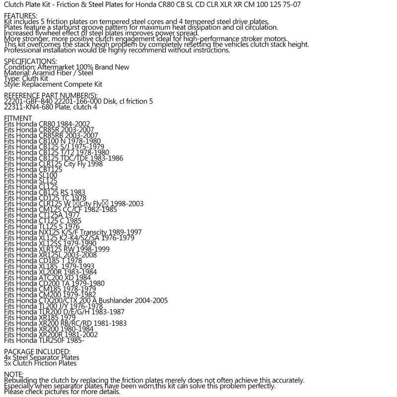 Juego de embrague de acero y discos de fricción para Honda CR80 CB SL CD CLR XLR XR CM 100 125 Generic