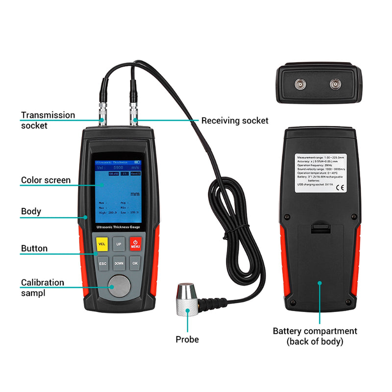 WT100A Tester LCD Inteligentny czujnik Ultradźwiękowy miernik grubości Prędkość dźwięku