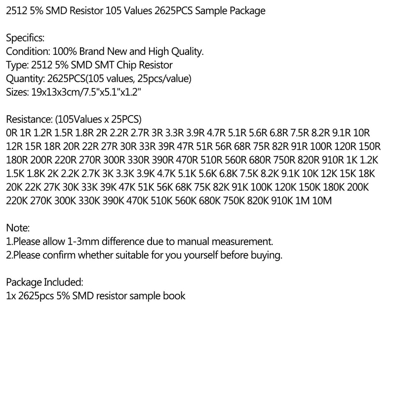 2625PCS 2512 5% SMD Chip SMT Resistor 105 värden Provbok YAGEO DIY Kits