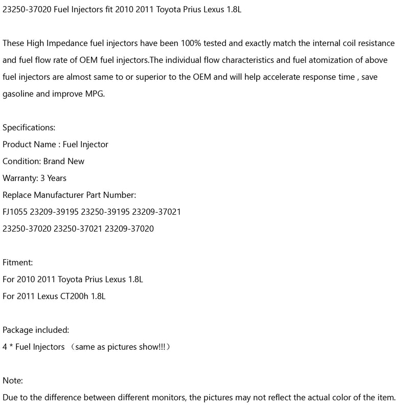 4 inyectores de combustible 23250-37020 adecuados para Toyota Prius Lexus 2010 2011 1.8L genérico
