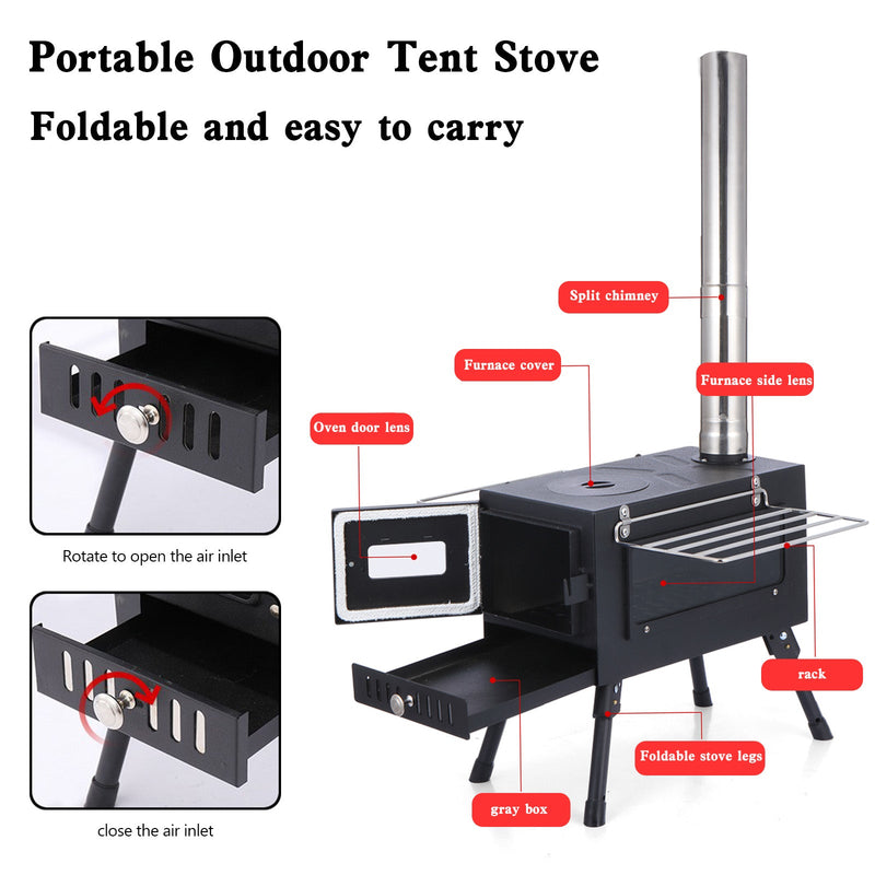 Fogão a lenha portátil para acampamento ao ar livre com cano para cozinhar em barraca