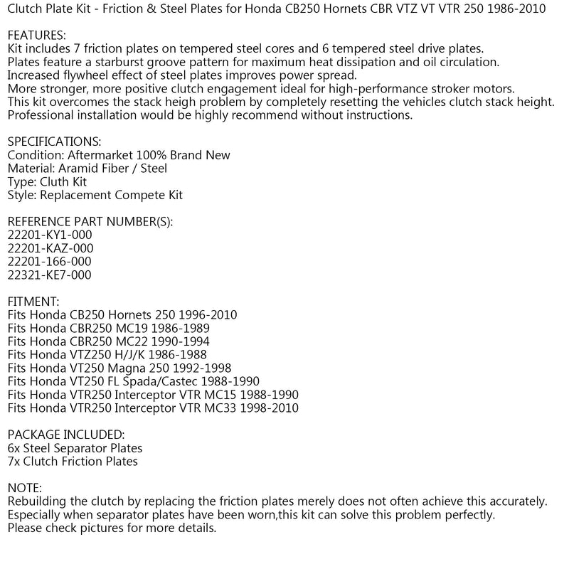 Clutchsett stål og friksjonsskiver for Honda CB Hornets CBR VTZ VT VTR 250 86-10 Generisk