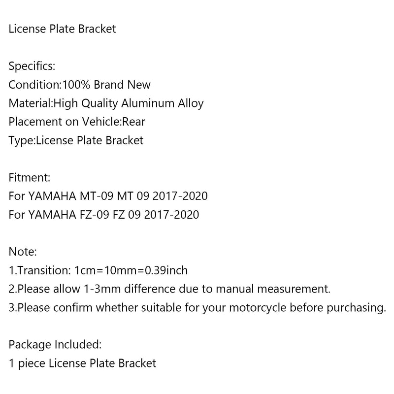 Nummernschildhalter Rahmenhalterung für YAMAHA MT-09 FZ-09 MT FZ 09 2017-2020 Generic