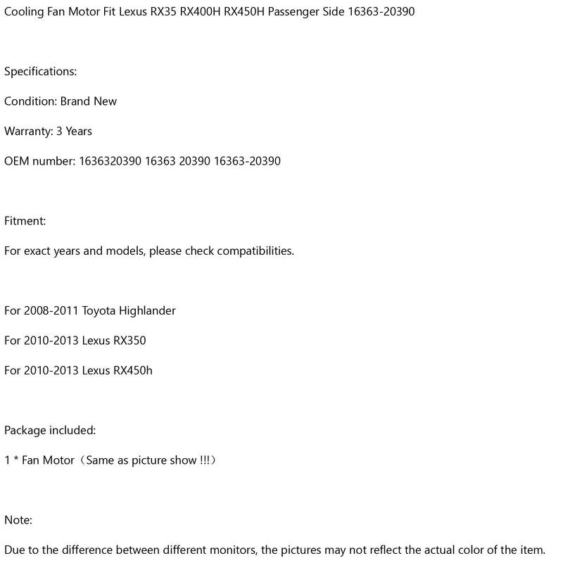 Fläktmotor lämplig för Lexus RX35 RX400H RX450H passagerarsida 16363-20390 Generic