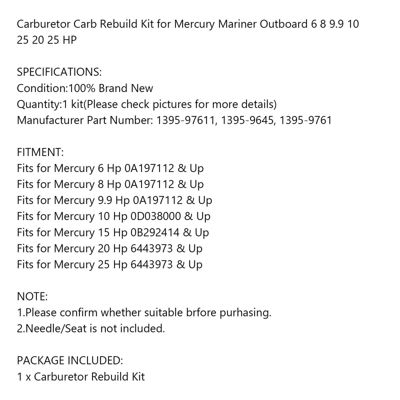 Packningssats för förgasare för Mercury Mariner utombordare 6-25 hk 1395-97611