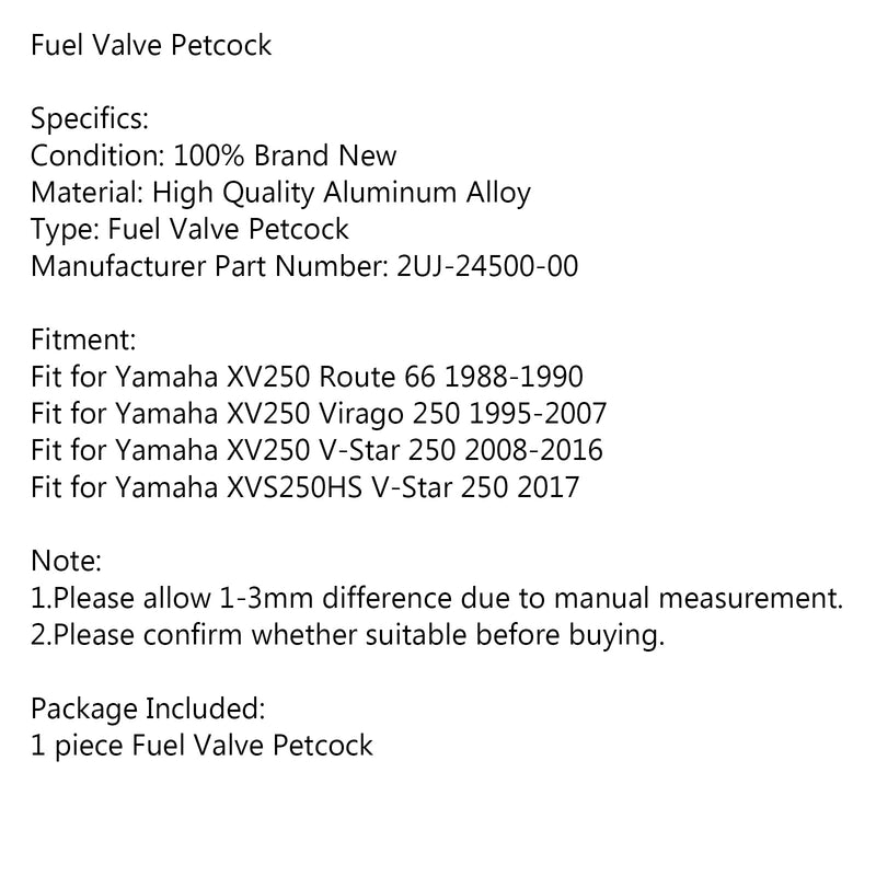 AreYourShop Válvula de Combustível Bloqueio Petcock Adequado para Yamaha XV250 Route 66 Virago 250 V-Star 250