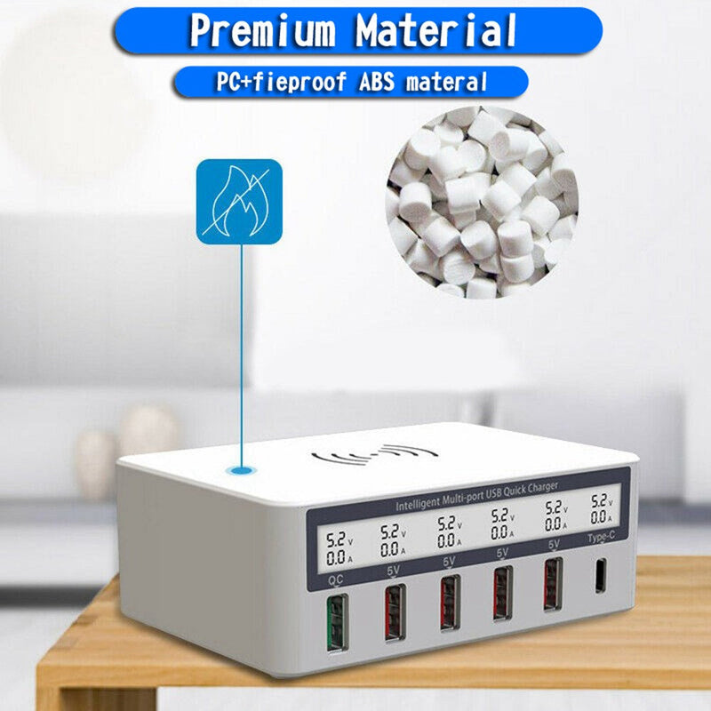 Multiport Quick USB Charger Station med trådlös laddningsplatta LCD-display EU