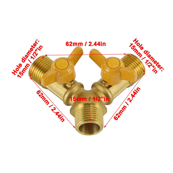 Válvula de bola de 3 vías con boquilla para manguera de 1/2", válvula en forma de Y, 2 interruptores, racor de latón