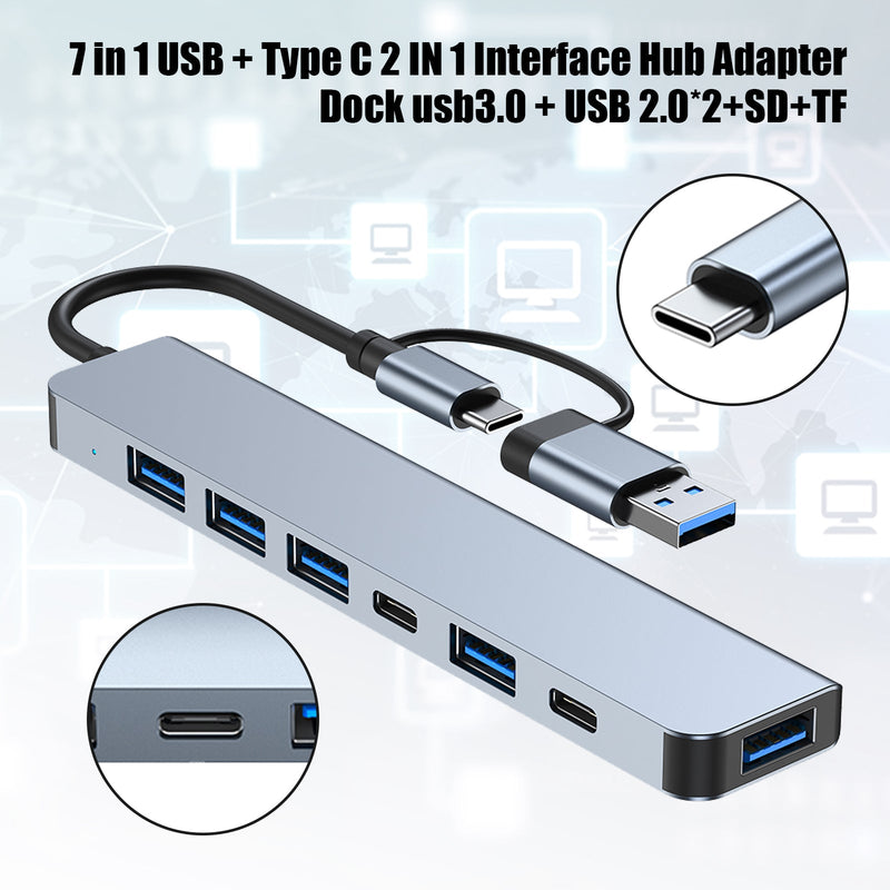 USB + Typ C Dual Interface 7 i 1 USB C Hub Adapter Dock USB3.0+USB 2.0*2+SD+TF