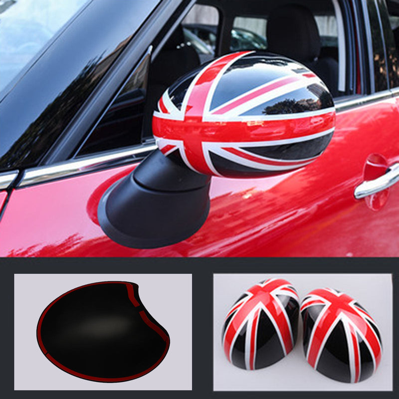 MINI Cooper R55 R56 R57 2 x Union Jack UK Flag peilisuojukset musta/punainen