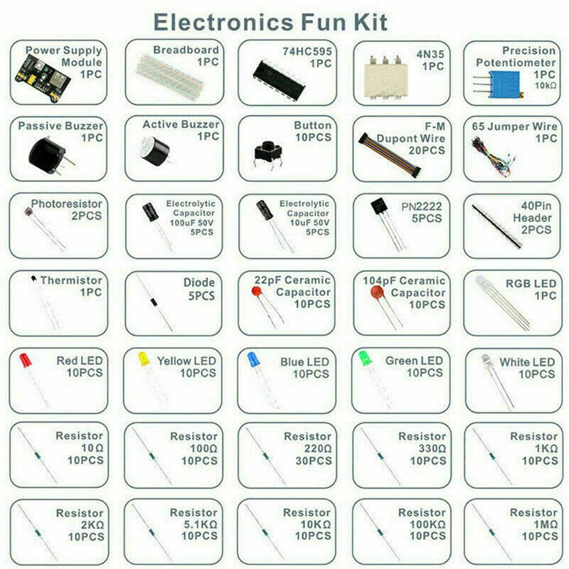 Kit básico de componentes electrónicos con resistencia de placa de pruebas de 830 puntos de conexión