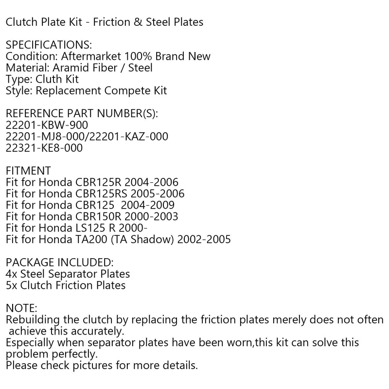 Clutchsett stål og friksjonsskiver egnet for Honda CBR125R CBR125 CBR150R TA200 Generic