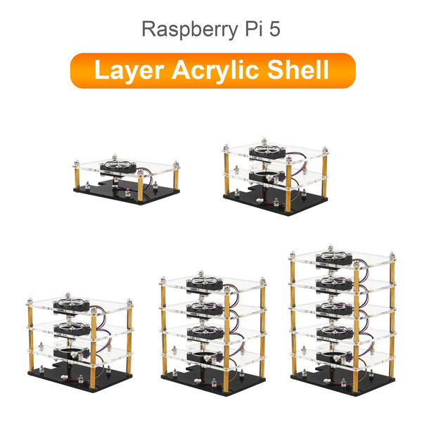 Raspberry Pi 5 Monikerroksinen akryylikuori, läpinäkyvä suojakotelo, tuuletin