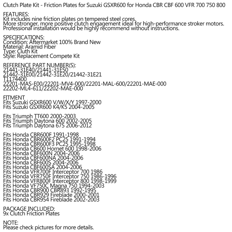 Clutchfriksjonsskivesett for Honda CBR CBF 600 VFR 700 750 800 Generisk