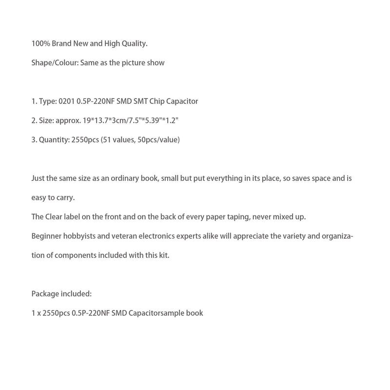 SMD0201 Kondensator-Musterbuch 51 Werte * 50 Stück = 2550 Stück Kondensator-Kit SMD