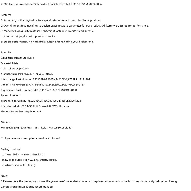 4L60E Getriebe-Hauptmagnetventilsatz für GM EPC Shift TCC 3-2 PWM 2003-2006 Fedex Express
