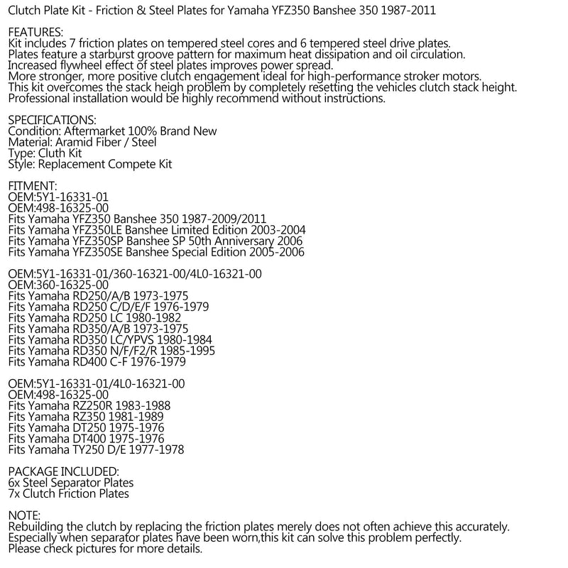 Kopplingssats stål och friktionsplattor för Yamaha YFZ350 Banshee 350 1987-2011