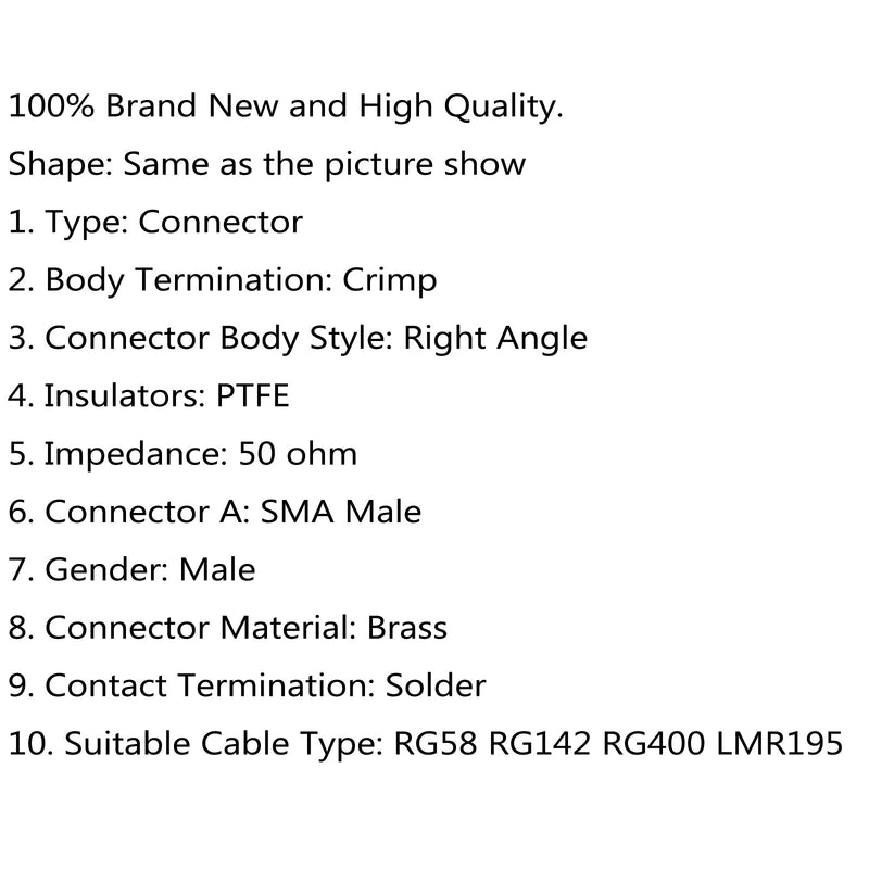 10 Uds SMA macho enchufe ángulo recto Pin engarzado para RG58 RG142 RG400 LMR195 Cable RF