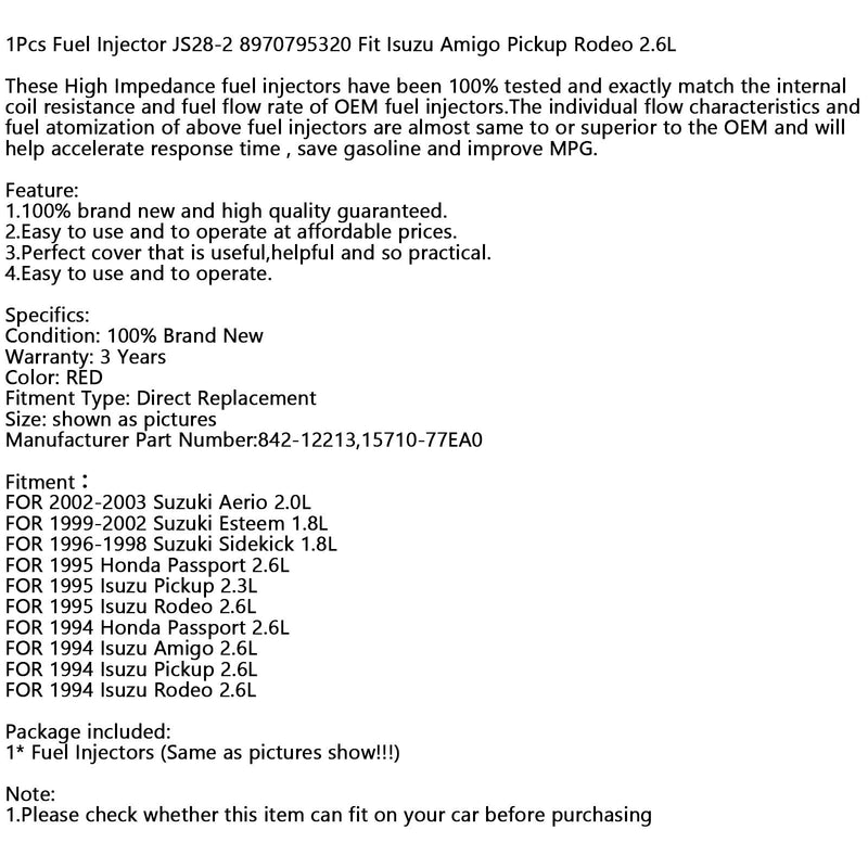 1 inyector de combustible JS28-2 8970795320 compatible con camioneta Isuzu Amigo Rodeo 2.6L genérico