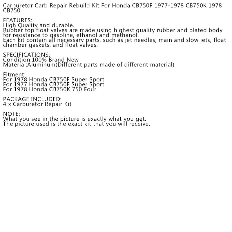 Conjunto de 4 kits de reconstrução de carburador para Honda CB750F 1977-1978 CB750K 1978 CB750 Genérico