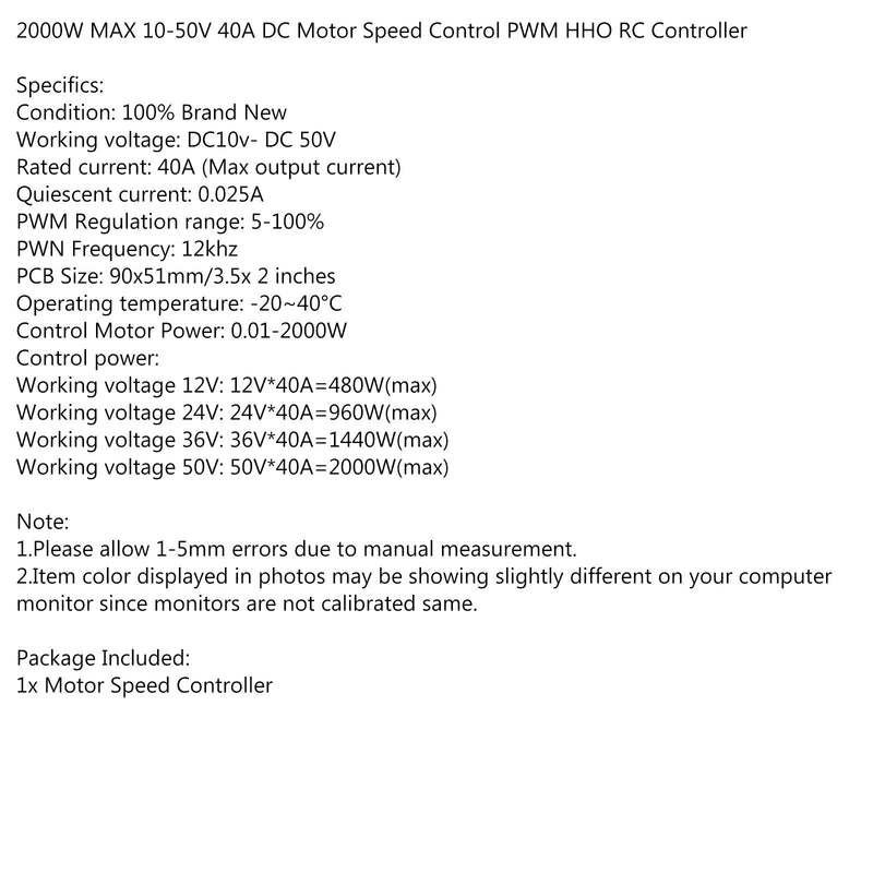 12V 24V 48V 2000W 10-50V 40A DC Control de velocidad del motor del cepillo PWM HHO RC Controlador