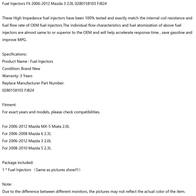 1 inyector de combustible para Mazda3 2006-2012 2.0L 2006-2008 Mazda6 0280158103 genérico.