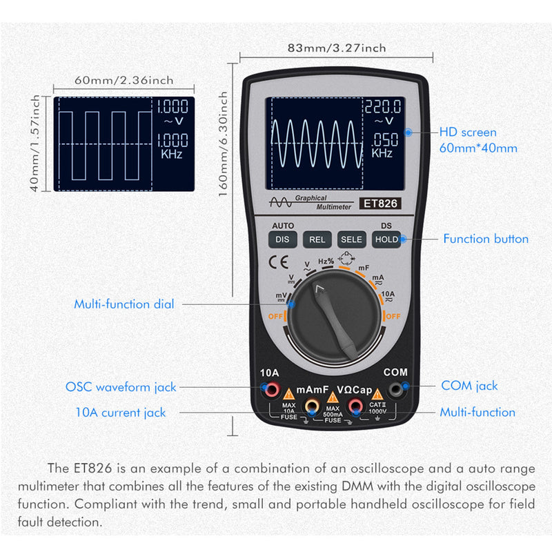 ET826 2 i 1 Digital Smart Oscilloskop Multimeter AC/DC Strømspenning