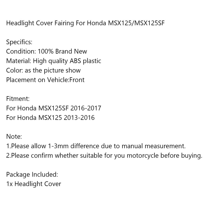 Vindruta strålkastarskydd för Honda MSX125SF 16-17 MSX125 13-16 Generic