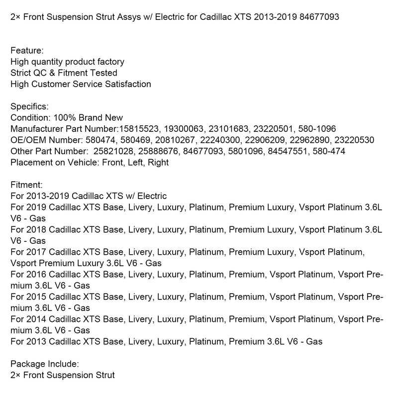 2019 Cadillac XTS Base, Livery, Luxury, Platinum, Premium Luxury, Vsport Platinum 3.6L V6 Gas 2× Electric Strut Etujousitus