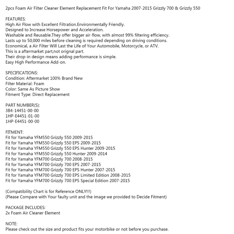 2 x kaksivaiheinen ilmansuodatin sopii Yamaha 2007-2015 Grizzly 700 & Grizzly 550 Generic malleihin