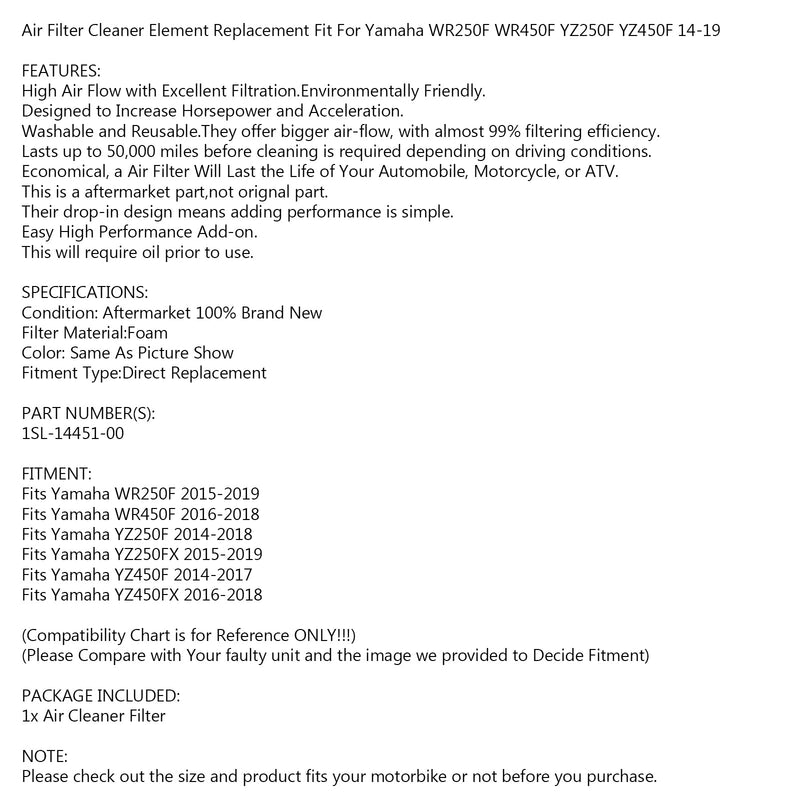 Luftfilter Skumrengörare för Yamaha YZ WR 250 450 2014-19 CJ18C CG34C CG36W CJ21 Generic