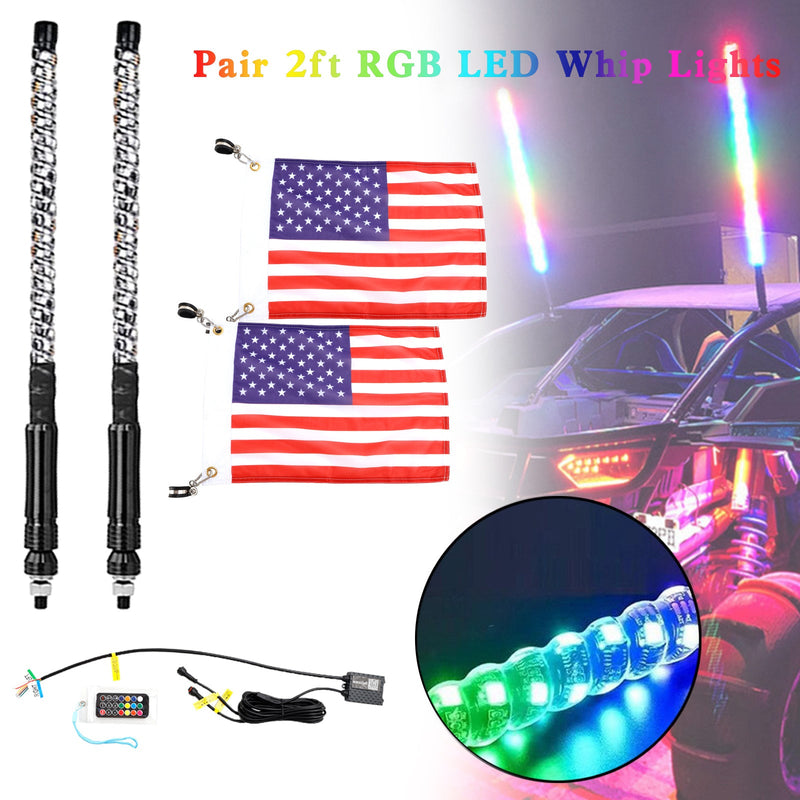 2x 2 pés rgb led app chicote luzes antena com controle remoto de bandeira para polaris utv atv