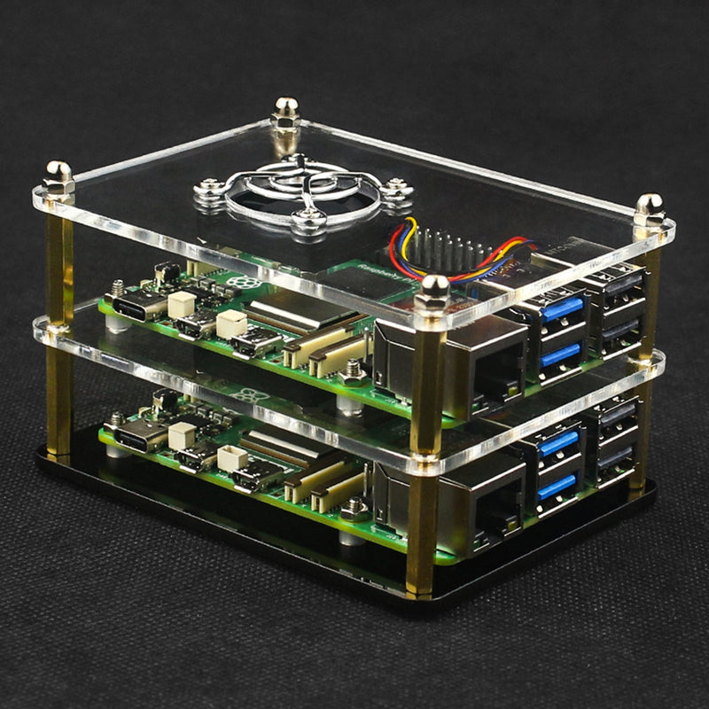 Raspberry Pi 5 Invólucro acrílico multicamadas, caixa protetora transparente, ventilador