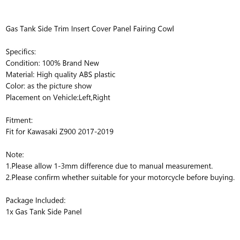 1 par de carenados de paneles laterales del tanque de gasolina para Kawasaki Z900 2017-2019 Genérico