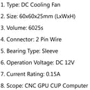 4Pcs DC Brushless Cooling Fan 12V 0.15A 6025s 60x60x25mm 2 Pin CUP Computerlüfter