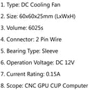 1kpl DC-harjaton tuuletin 12V 0,15A 6025s 60x60x25mm 2-nastainen CUP-tietokonetuuletin