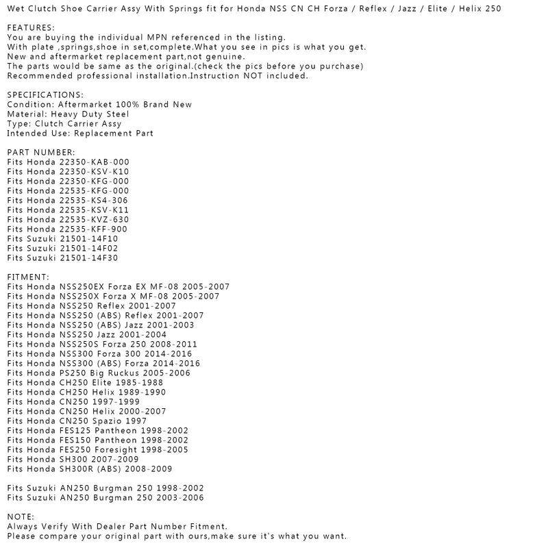 Våtkopplingsskohållare med fjädrar för Honda NSS PS CN CH FES 250 SH300 Generic