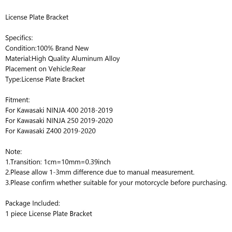 Suporte de placa de licença para Kawasaki NINJA 400 18-19 NINJA 250 Z400 19-20 Genérico