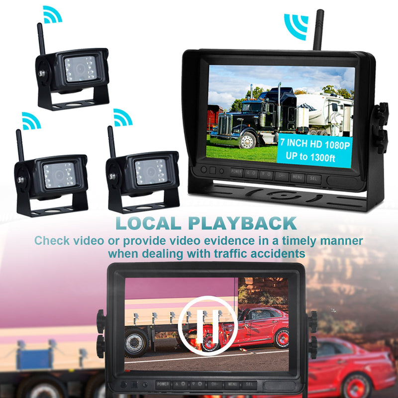 7-Zoll-Display AHD 1080P Wireless 3CH Rückfahrkamera-Set für LKW-Anhänger