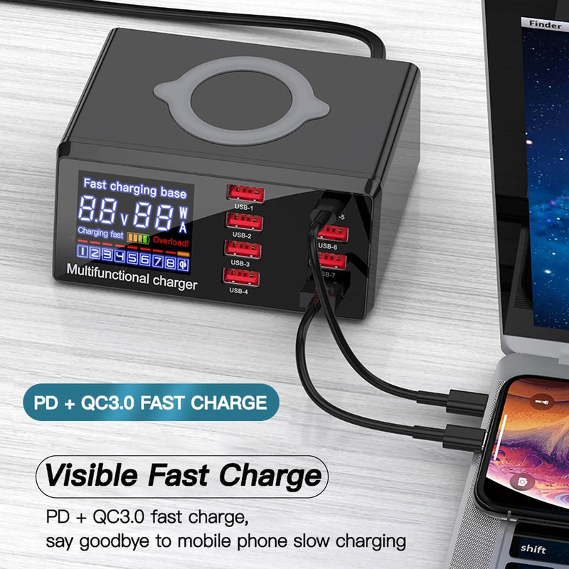 100W 8 Ports USB QC 3.0 PD Schnellladegerät Wireless Charging Station EU Plug