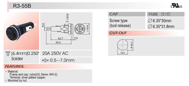 1 szt. SCI R3-55B uchwyt bezpiecznika do montażu panelowego w obudowie do bezpieczników szklanych 6x30mm 20A 250V