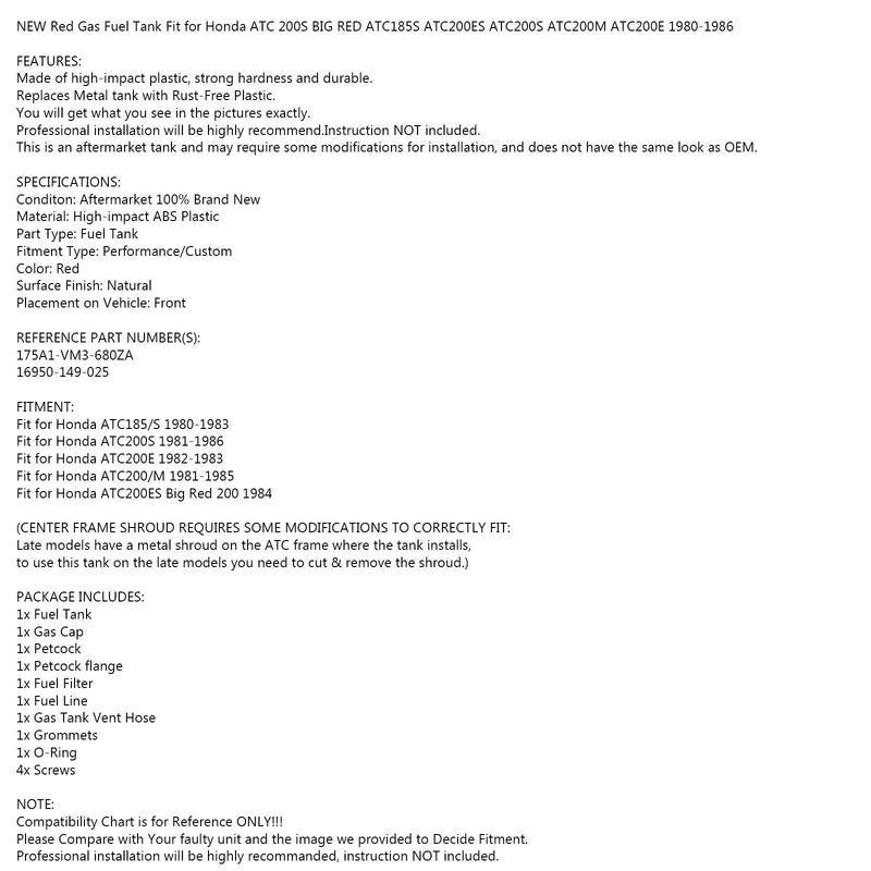Tanque de gasolina para Honda Atc200S Big Red ATC185S ATC200Es ATC200S ATC200M ATC200E Genérico