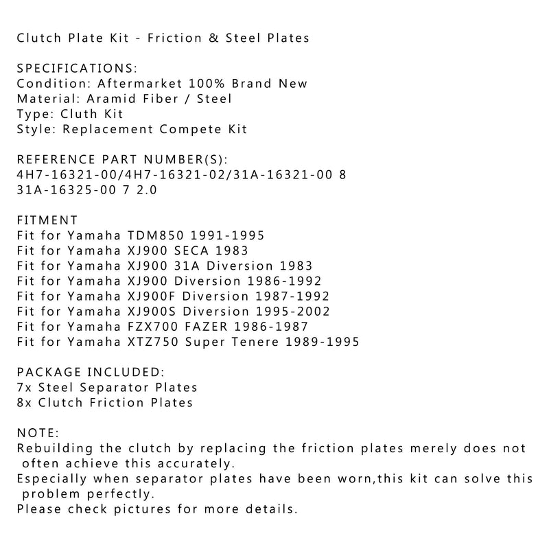 Clutchsett stål og friksjonsskiver egnet for Yamaha TDM850 XJ900 F/S FZX700 XTZ750 Generisk