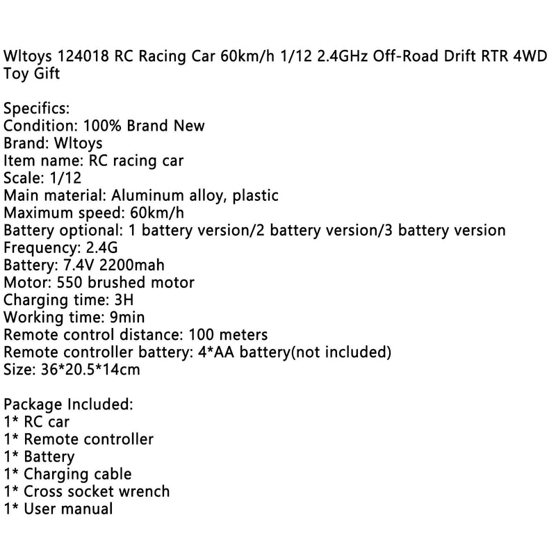 Wltoys 124018 RC racerbil 60 km/t 1/12 2,4 GHz Off-Road Drift RTR 4WD leketøysgave