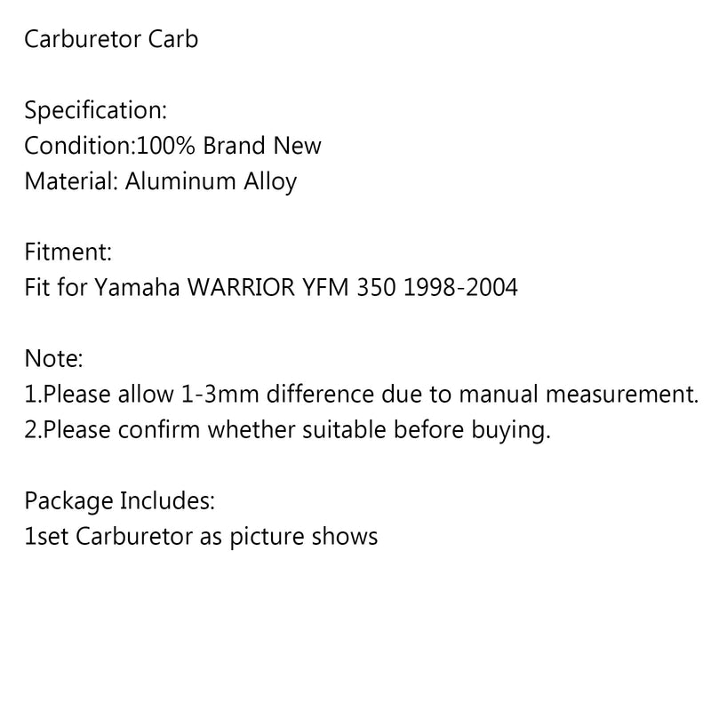 Carburador compatible con Yamaha Warrior 350 YFM 350 Yfm350 ATV Quad 1987-2004 Genérico