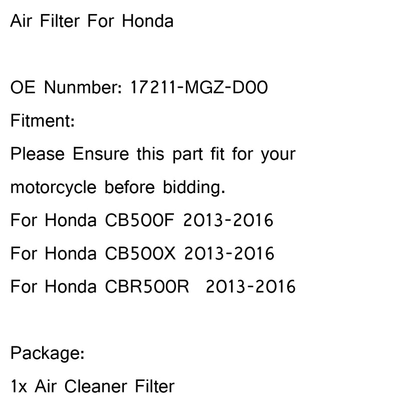 Luftfilterrenser for Honda CB500X CB500F CBR500R 2013-2016 P/N.17211-MGZ-D00 Generisk