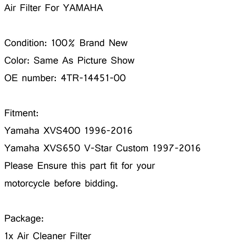 Ilmansuodattimen puhdistusaine Yamaha XVS650 VSTAR V-Star 650 98-16 P/N 4TR-14451-00-00 Generic