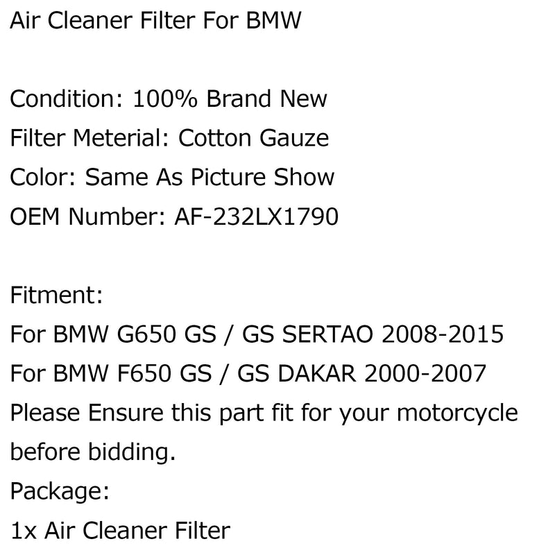 Ilmansuodattimen puhdistuselementti BMW G650 GS / GS SERTAO 08-15 DAKAR 2000-2007 Generic