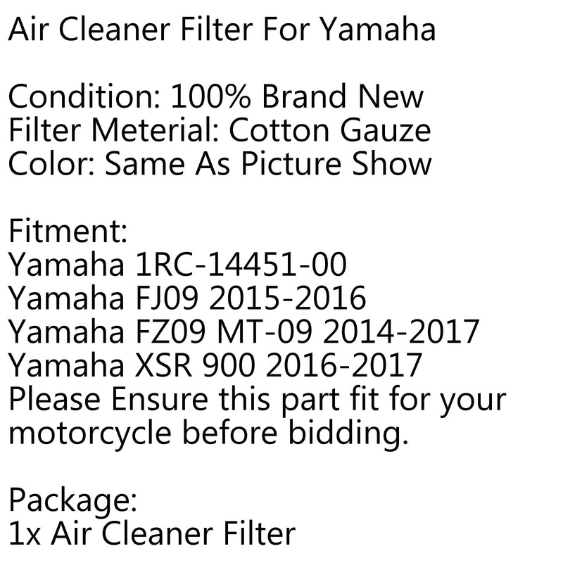 Element czyszczący filtr powietrza do Yamaha XSR 900 FZ09 MT-09 2014-2017 Generic